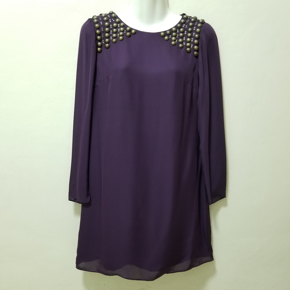 Tibi Dress Tunic Silk Embellished Beaded Chiffon Sz 4 Purple